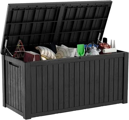 Miniatura 18 de ROJIK Caja de almacenamiento para exteriores, caja de cubierta impermeable de 85 galones, contenedor de almacenamiento exterior de resina resistente