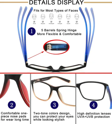 Miniatura 4 de Gafas de lectura para hombres, paquete de 4 elegantes lentes para lectura de computadora con bisagras de resorte, filtro antideslumbrante/fatiga