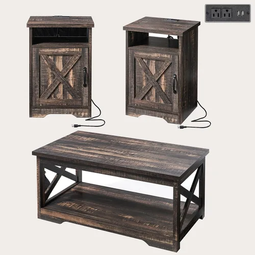 Miniatura 8 de AMERLIFE Juego de mesa de granja de 3 piezas incluye mesa de centro y dos mesas auxiliares, mesa lateral con estación de carga y puertos USB