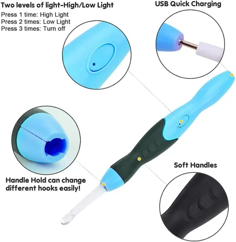 Miniatura 4 de Vidillo Juego de luces de ganchillo con funda, ganchos ergonómicos recargables iluminados, 9 ganchos intercambiables con una funda de ganchillo