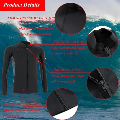Miniatura 3 de Traje de neopreno de 0.079 pulgadas (0.079 in), chaqueta térmica de manga larga, traje de buceo para hombres y mujeres, buceo, surf, natación
