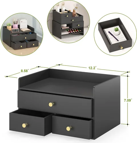 Miniatura 3 de Organizador de escritorio de bambú con cajones, cajones de almacenamiento de escritorio de madera para facturas, suministros de oficina, utensilios