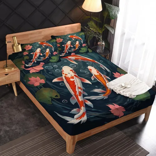 Miniatura 2 de Juego de sábanas de tamaño individual – Sábanas de cama de pez Koi japonés, sábanas y fundas de almohada, sábanas y fundas de almohada, microfibra