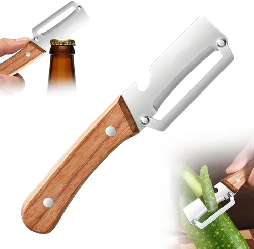 Pelador de verduras premium con mango de madera y abridor de botellas: herramienta de cocina de acero inoxidable 2 en 1 para frutas, manzana,