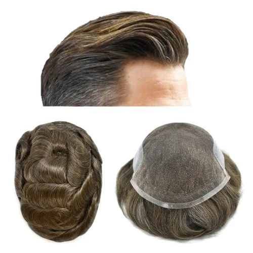 Miniatura 84 de Sistema de cabello para hombres, pieza de cabello humano real, tupé para hombres, encaje suizo para hombre, nudo blanqueado para hombre, tupé