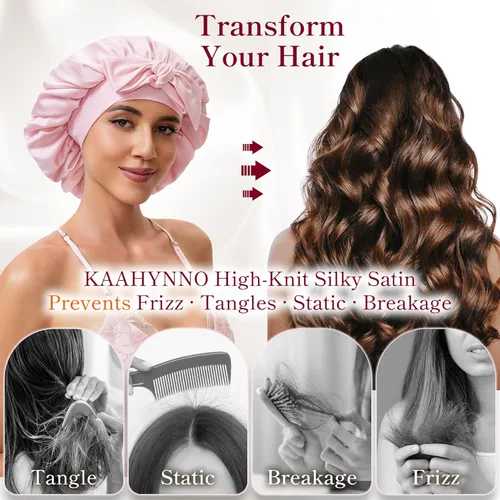 Miniatura 2 de Gorro de satén de seda con banda de amarre para dormir, para mujeres de cabello rizado: gorro de noche para cabello liso, ondulado, ensortijado, Rosa