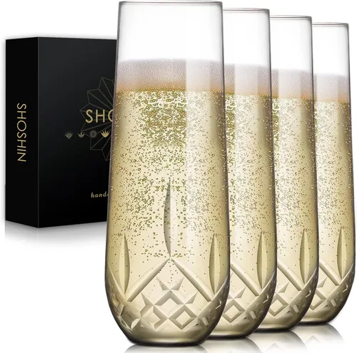 SHOSHIN Juego de 4 copas de champán sin tallo, copas de champán cortadas a mano, 9.5 onzas, regalo hecho a mano para cumpleaños, boda, aniversario