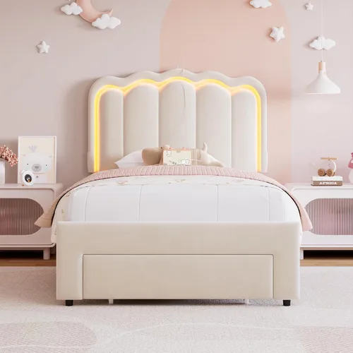 Miniatura 8 de Marco de cama LED tapizado individual con cajón de almacenamiento y cabecera doble ondulada ajustable, cama de plataforma de terciopelo estilo Beige