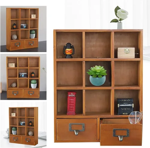 Miniatura 5 de Estante de almacenamiento vintage con 2 cajones, 9 cubos de madera, estante abierto para dormitorio, 13.1 x 3.93 x 16.7 pulgadas, mango de metal