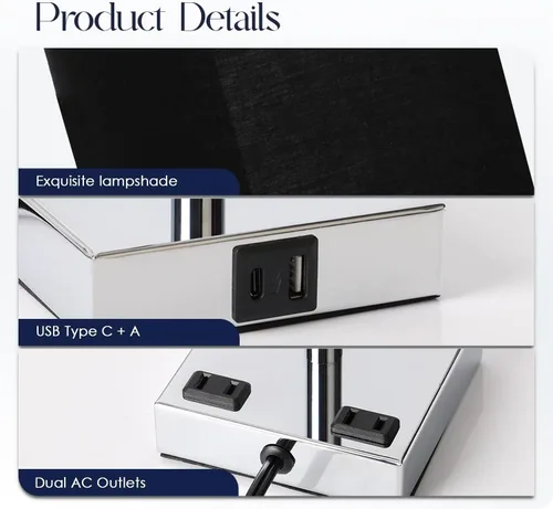 Miniatura 5 de Juego de 2 lámparas de mesita de noche de 3 vías regulables con puerto de carga USB C y USB A, 2 salidas de CA, bombillas LED de 3000 K (negro)