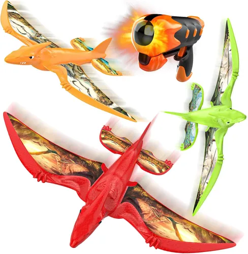 Aiencsai Paquete de 3 juguetes de lanzamiento de aviones de dinosaurio para niños, aviones de espuma para niños juguetes de niños con calcomanías,