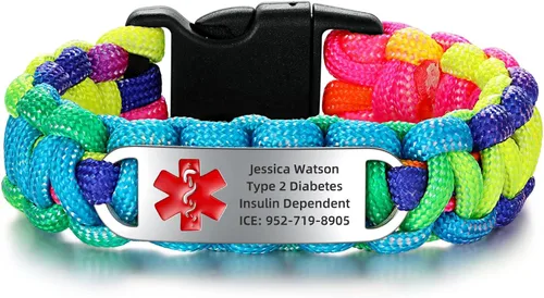 Pulsera de alerta médica Paracord para hombres y mujeres | Pulsera de identificación médica de acero inoxidable con hebillas de liberación lateral