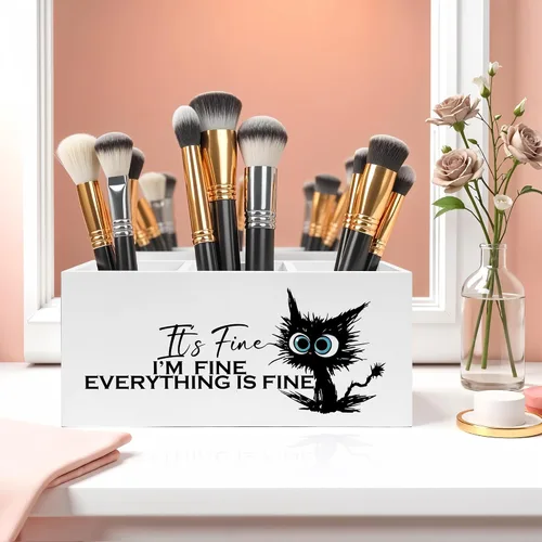 Miniatura 4 de Divertido soporte para lápices de gato negro para escritorio, I'm Fine Everything Is Fine - Organizador de lápices de madera para accesorios