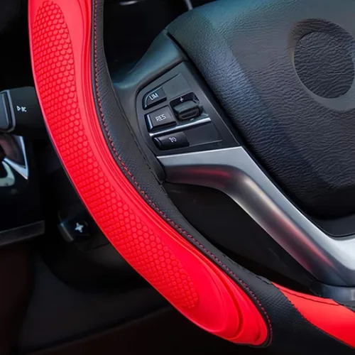 Miniatura 6 de Osilly Funda de cuero para volante de automóvil de 15 pulgadas, accesorios automotrices elástica, transpirable, antideslizante, protector de volante