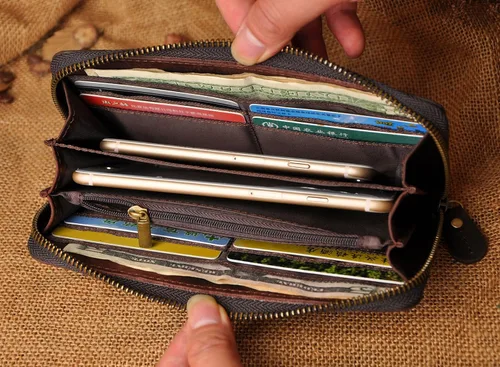 Miniatura 7 de Le'aokuu Unisex calidad cuero genuino cadena embrague mano bolso organizador monedero chequera cremallera cartera 1016, Cocodrilo marrón