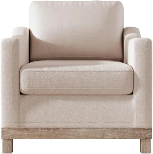 Miniatura 5 de Sillón moderno de lino/silla de acento/sofá individual con base de madera de goma para sala de estar, dormitorio, apartamento, oficina, color beige