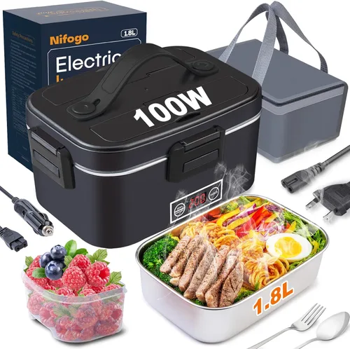 Miniatura 10 de Nifogo 100W Heated Bowl for Car and Truck and Office Electric Lunch Box 3 in 1 Stainless Steel 12 V 24 V and 230 V – Lunch Box 1.5 L x 2 with Grey