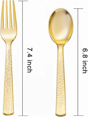 Miniatura 8 de KIRE Juego de 400 cucharas y tenedores desechables de plástico dorado, juego de cubiertos de plástico dorado, 200 tenedores y 200 cucharas