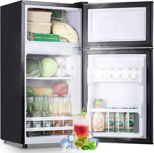 DEMULLER Mini refrigerador retro con congelador, refrigerador pequeño de doble puerta tamaño apartamento con bandeja para huevos, refrigerador Negro