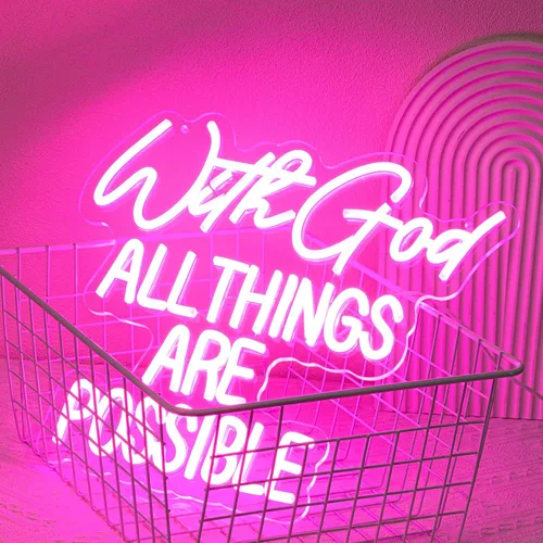 Miniatura 2 de Letrero de neón con texto en inglés "With God All Things Are Possible" para decoración de pared, letrero de neón LED rosa, luz de neón regulable