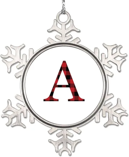 Monograma inicial letra A copo de nieve, adornos de letras rojas y negras a cuadros para árboles de Navidad, adornos de Navidad personalizados,