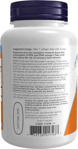 Miniatura 3 de NOW Suplementos, aceite de hígado de bacalao, extra fuerte, 1,000 mg con vitaminas A y D-3, EPA, DHA, 90 cápsulas blandas