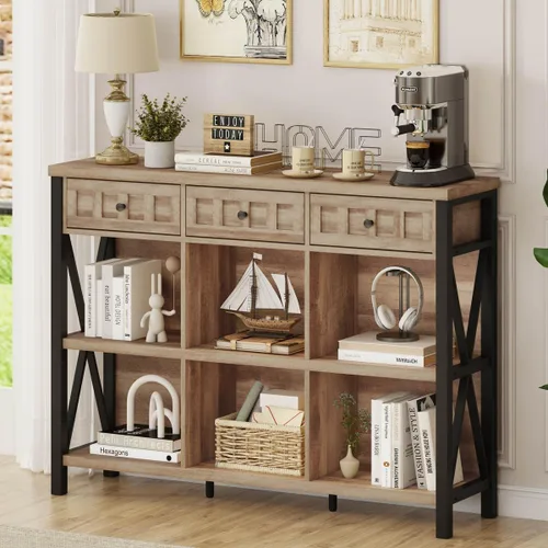 Miniatura 11 de FATORRI Organizador de almacenamiento de 6 cubos con estante, estantería horizontal corta para sala de estar, estantería de madera y metal, estante
