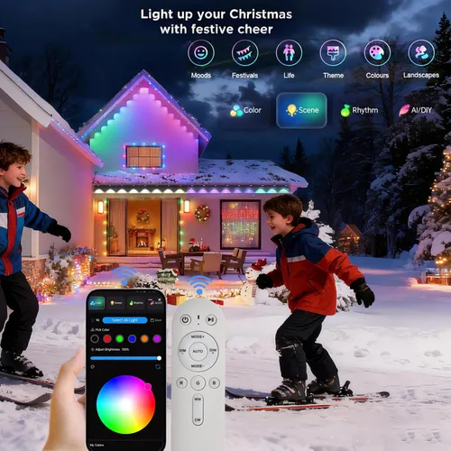Miniatura 7 de Rosykite Luces de Navidad al Aire Libre - 50 pies de luces inteligentes RGB+IC para canalones con 63 escenas, impermeables IP67, control de voz