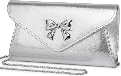 Gurina Bolso de mano de noche con detalle de lazo, elegante bolsa de fiesta de piel sintética brillante con cadena desmontable para boda y baile de