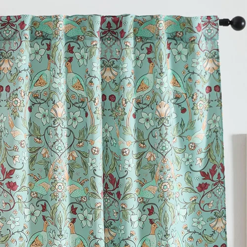 HLC.ME Florence - Cortinas con estampado floral y de pájaros, con pestaña trasera y bolsillo para barra, cortinas para oscurecer el dormitorio,