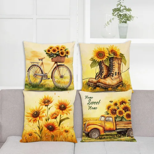 Miniatura 5 de Juego de 4 fundas de almohada decorativas de girasol de 12 x 12 pulgadas, fundas de almohada cuadradas de lino, fundas de almohada cuadradas de lino