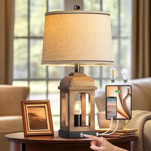 Miniatura 8 de QiMH Lámpara de mesa para sala de estar, lámparas de granja con USB A+C y luz nocturna, lámparas de noche rústicas de 26" con control táctil