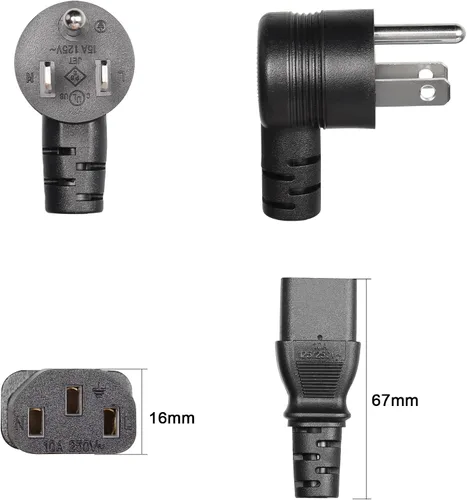 Miniatura 3 de GELRHORN - Cable de alimentación de 3 clavijas NEMA 5-15P a IEC 320 C13, 10 A, 250 V/15 A, 125 V, 18 WAG, ángulo ascendente, NEMA 5-15P a C13, cable