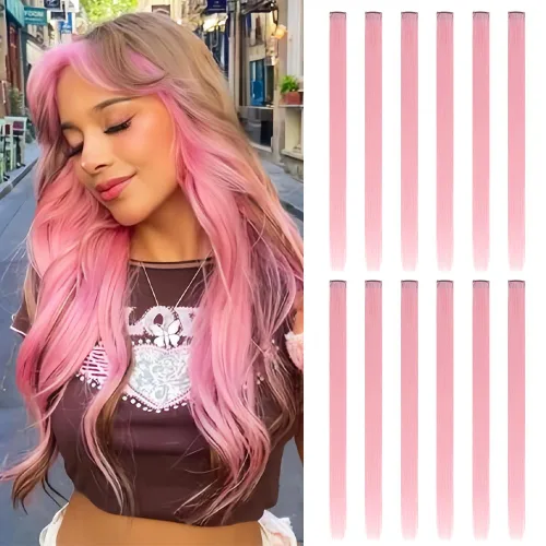 12 extensiones de cabello sintético con clip de color de 20 pulgadas de largo, lacio, con reflejos para fiestas, para mujeres y niñas (rosa claro,