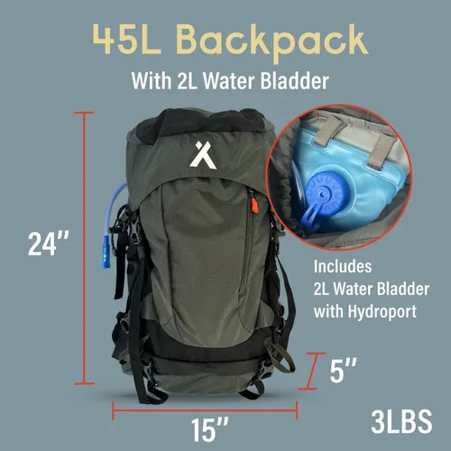 Miniatura 2 de Bear Grylls Mochila de hidratación de senderismo de 45 L, mochila de día con bolsa de agua de 2 litros, ligera y perfecta para acampar, correr