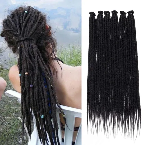Miniatura 32 de Leeven Extensiones de rastas grises de 40 hebras de 18 pulgadas con terminación única hechas a mano, extensiones de rastas suaves de 0.6 cm