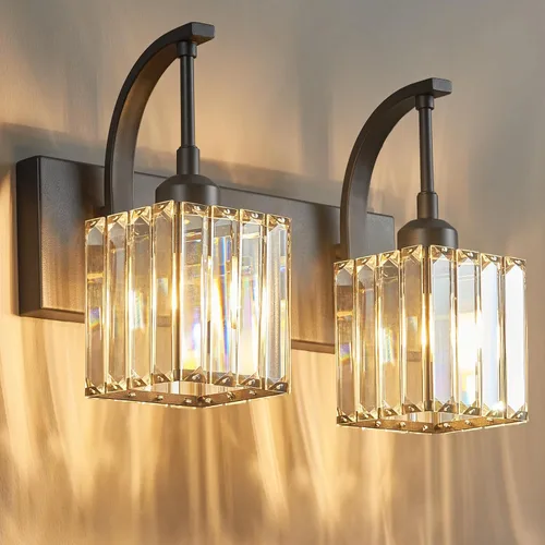 Miniatura 28 de Luces de tocador de cristal de 3 luces negras para tocador de baño, modernas lámparas de baño de cristal sobre espejo de 23.62 pulgadas de largo