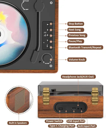 Miniatura 5 de Reproductor de CD portátil para el hogar, reproductores de CD BT retro recargables, transmisión inalámbrica Boombox de escritorio con altavoces HiFi