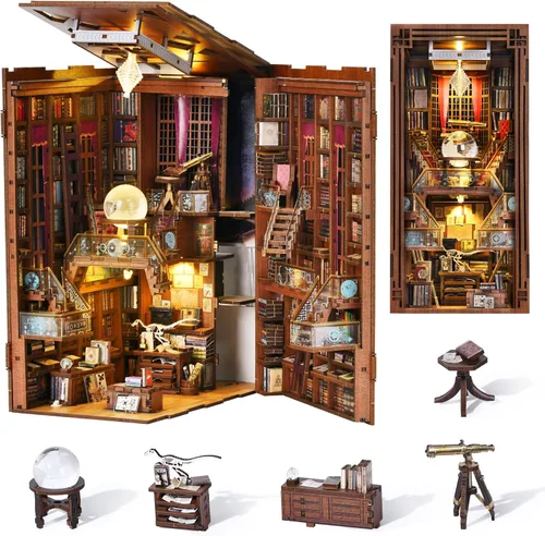 MiniCity - Kit de manualidades para rincón de lectura, estantería de libros, inserto de estantería de madera, rompecabezas 3D, sujetalibros con luz