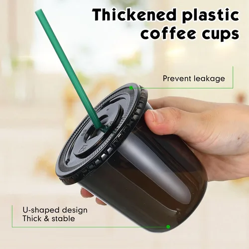 Miniatura 3 de Baderke Juego de 25 vasos de plástico con tapas y pajitas, tazas de plástico desechables para café helado, jugo, batido, cristal para cafeterías