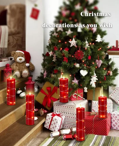Miniatura 2 de Kiexung - Vela sin llama roja con luz de cuerda de hadas, llama de gota de agua, simulación avanzada de llama LED con velas remotas y temporizadas