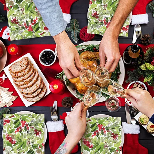 Miniatura 7 de Servilleta de papel de Navidad de 6.5 x 6.5 pulgadas, para acuarela, muérdago, cena, servilleta desechable para Navidad, suministros de decoración