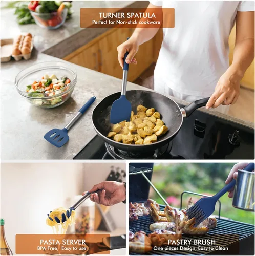 Miniatura 5 de HOTEC Utensilios de cocina de silicona resistentes al calor de 446°F, juego de utensilios de cocina sin BPA, juego de espátulas, gadgets de cocina