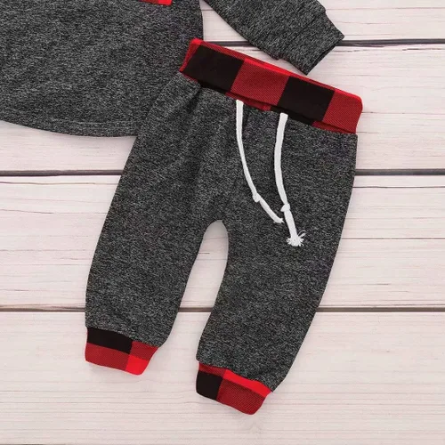 Miniatura 6 de Conjunto de 2 piezas de ropa para bebé y niña, de manga larga, con bolsillo a cuadros, con capucha y pantalones