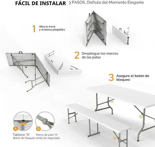 Miniatura 2 de VINGLI Juego de mesa de picnic con 2 bancos, juego de sillas de mesa de campamento de 6 pies, material HDPE resistente con marco de metal, muebles