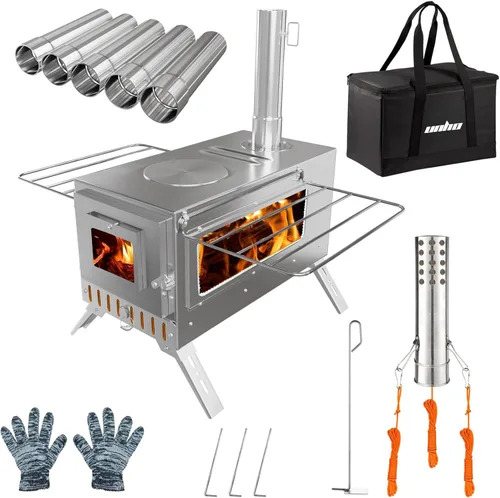 Miniatura 7 de Estufa de leña para exteriores unho para acampar, chimenea de tubo de acero inoxidable, estufa de tienda caliente para calentar y cocinar al aire