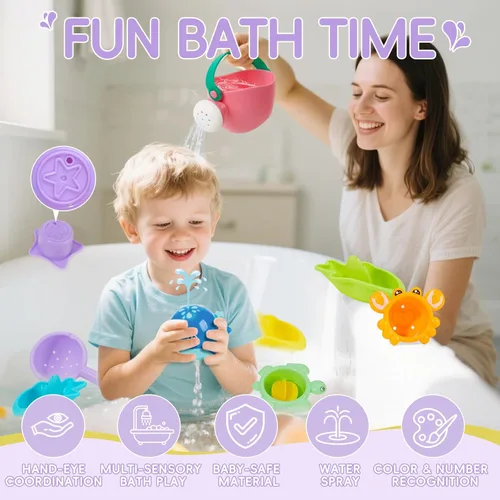 Miniatura 2 de Juguetes de baño sin moldes, 11 piezas Botes flotantes seguros, fáciles de limpiar y divertidos & cuchara & regadera y juguete de ballena