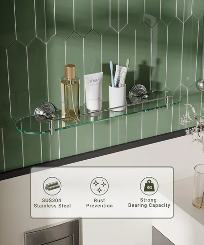 Miniatura 3 de Estante de vidrio de 20 pulgadas para baño, estantes de vidrio de baño de níquel cepillado montados en la pared, estantes de vidrio flotantes