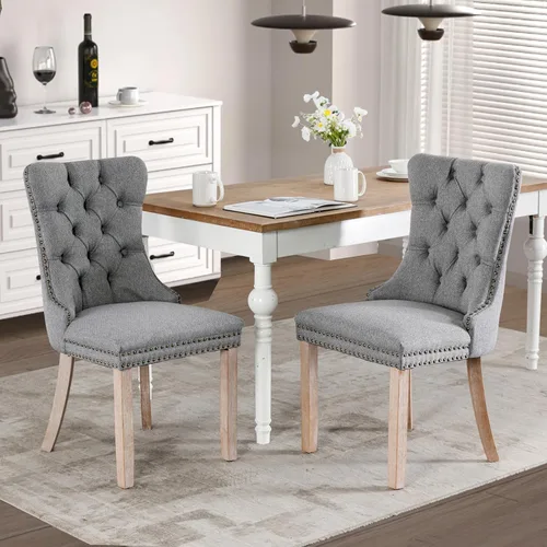 Miniatura 82 de Juego de 2 sillas de comedor tapizadas de tela de lino, sillas de cocina modernas de mediados de siglo con respaldo alto, ribete de cabeza de clavo