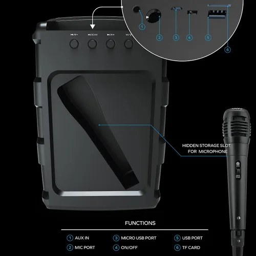 Miniatura 3 de Coby Spectra True - Altavoz Bluetooth inalámbrico, altavoz portátil con 5 modos de luz y micrófono, radio FM, batería recargable, USB, micro USB